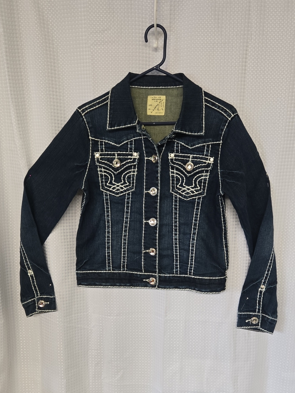 L.A. idol Dark Blue Denim Jean Jacket with White Contrast Stitching